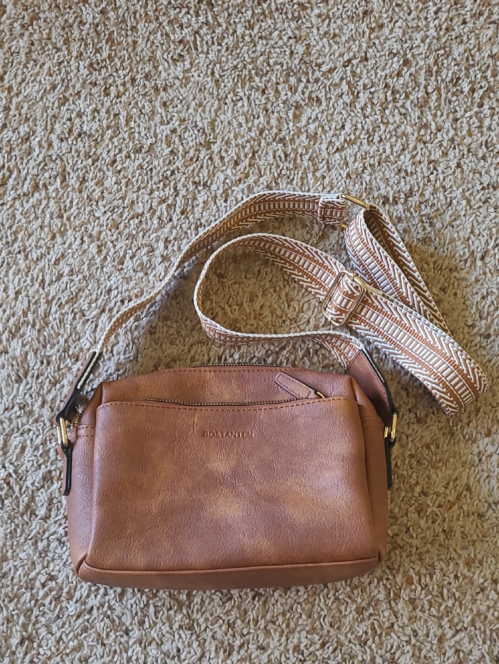Bostanten Brown Leather Crossbody with Patterned Adjustable Strap
